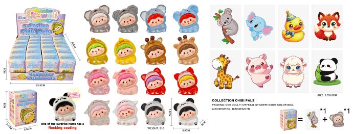 CHIBI PALS Bamboline in Resina (Con Versione Floccata a Sorpresa) + Crystal Card 4cm (In Blind Box 8x6x4cm) In espo da 24pz 16ass…x24…x48